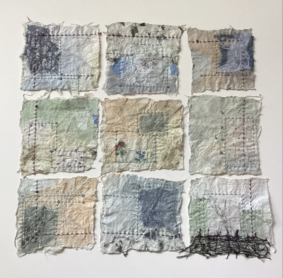 Joomchi/paper felting; thread, vintage fabric